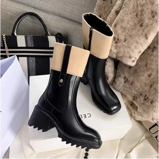 (quà tặng kẹp tóc) Boot nữ cổ lông cừu khóa kéo sườn cổ lông và cổ vải 7cm Camell, Bốt nữ lửng cao gót cá tính
