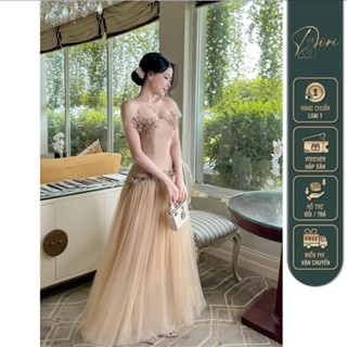 Đầm váy thiết kế tafta trễ vai dáng dài đính kèm hoa đá lông vũ hàng loại 1 -DORI váy thiết kế