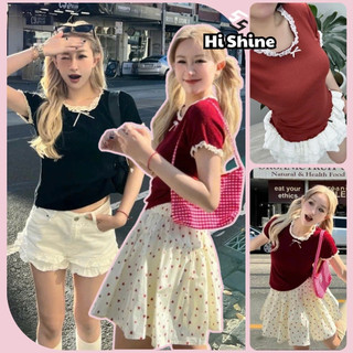  Áo Thun Nữ Cổ Tròn Ren Nơ Ôm Body Tay Ngắn Phối Ren Chất Thun Gân đẹp Baby tee kiểu Trơn - HiShine 