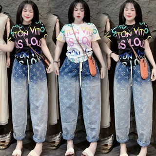 Set Bộ JEAN BAGGY LV CHỮ Mẫu mới Quần LOANG MÀU, Hàng Quảng Châu cao cấp chuẩn Loại 1, Bộ đồ JEAN outfit xu hướng