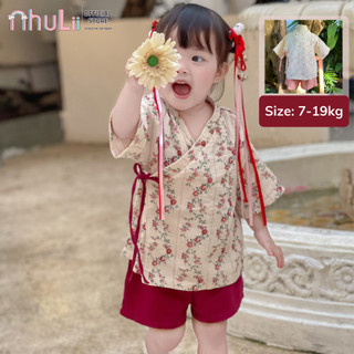  Set đồ bé gái NHULII Quần áo bé gái yukata cộc tay xô muslin hoa nhí cho bé 7đến19 Kg NI067 