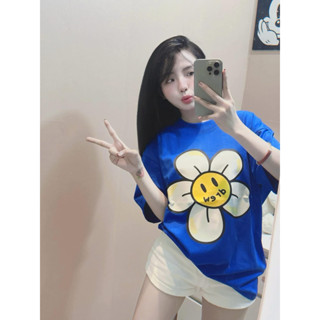 Áo phông áo thun bông hoa mặt cười xanh coban 100% chất cotton 2 chiều