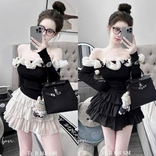 BIGSIZE HIẾU HIẾU (55-95KG) - Set áo body trễ vai nữ tay dài phối viền bèo trắng + Chân váy tầng cực xinh S469