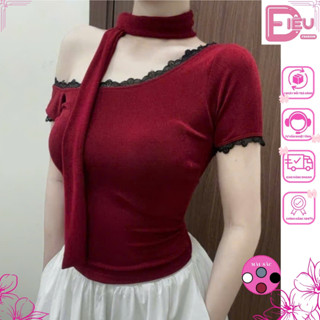 Áo lệch vai nữ phối ren kèm dây thắt nơ, Áo kiểu nữ ngắn tay ôm body phối được nhiều kiểu Điệu Fashion - A142