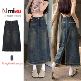  Chân váy jean cạp cao dáng dài LIMISU phối màu Retro Chân váy bò dáng váy chữ A phong cách Hàn Quốc V3 