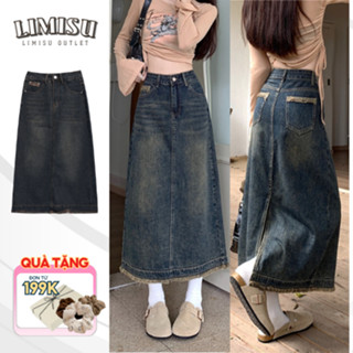Chân váy jean dáng dài cạp cao LIMISU Chân váy bò chữ A xẻ sau phối màu Retro V3