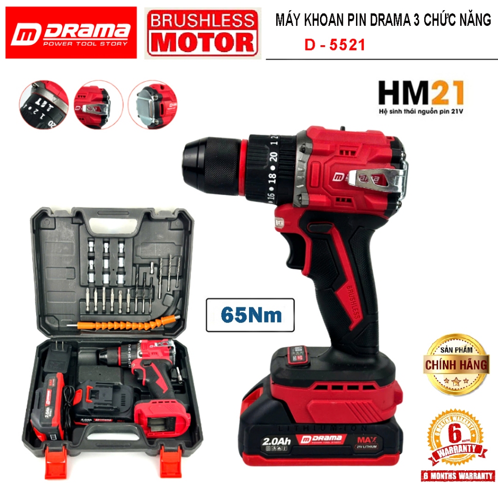 Máy Khoan Pin Drama 5521 21V Máy Khoan 3 Chức Năng Động Cơ Không Chổi Than Đầu 10mm Tặng Đầy Đủ Phụ 