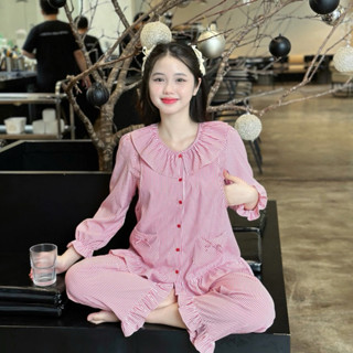 EVERMOM l Đồ bộ bầu D1 DÀI SỌC CỔ LÁ BÈO tay lững chun chất cotton sọc nhẹ mát có thiết kế bé ti và lưng chun điều chỉnh