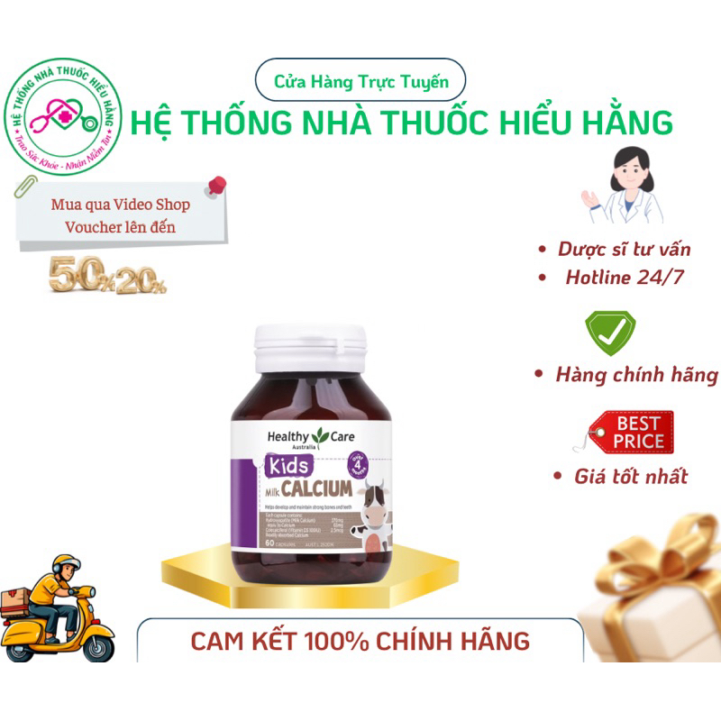 Viên uống Healthy Care Kid’s Milk Calcium bổ sung canxi, Vitamin D3 (Chai 60 viên)