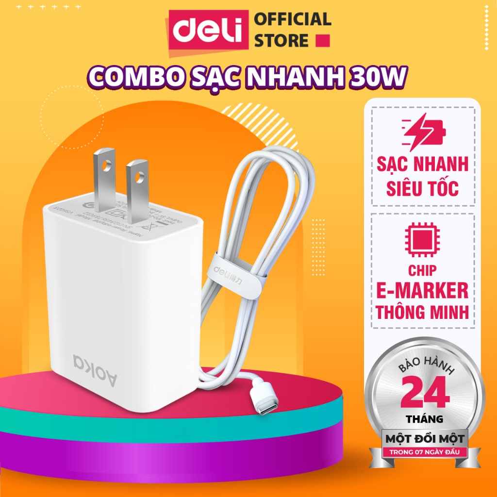 Củ Sạc Nhanh AOKA by Deli PD30W TypeC USB Chống Cháy Nổ Cho Thiết Bị Điện Thoại Di Động lPHONE