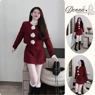 set đồ nữ mùa đông , áo khoác nữ phối chân váy ngắn chất dạ màu đỏ kèm hoa ngực phong cách sang chảnh hcom3684