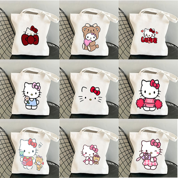 Túi tote túi vải canvas hello kit .ty chất liệu bền, dày dặn không kèm khóa 35x40cm