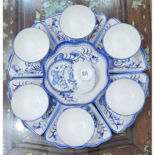  Bộ bát đĩa sứ  15 món mới + khay gỗ Bộ bát đĩa hoa mặt trời Sét đĩa mặt trời màu trắng viền đen size 48cm 