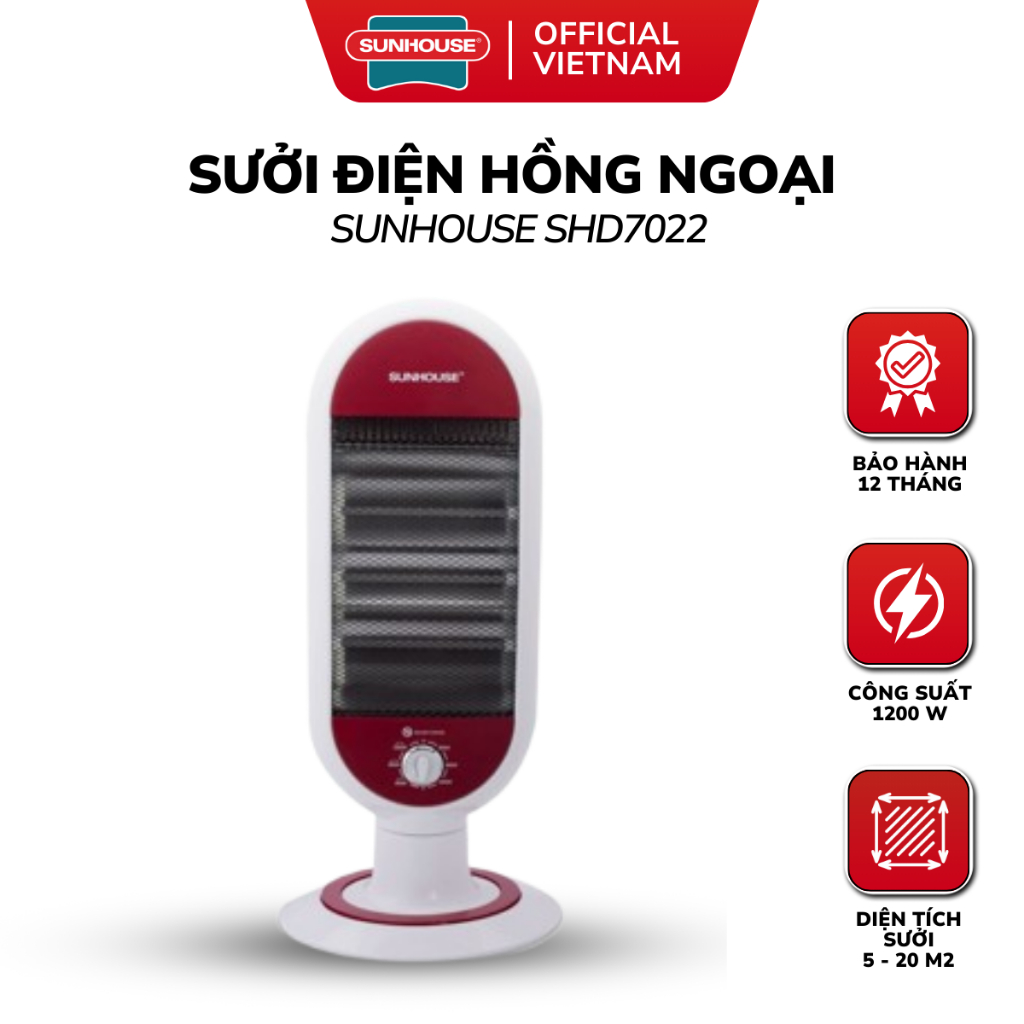Đèn Sưởi Điện Hồng Ngoại 3 Bóng SUNHOUSE SHD7022 Công Suất Cao, Sưởi Làm Ấm Phòng, Bảo Hành 12 Tháng