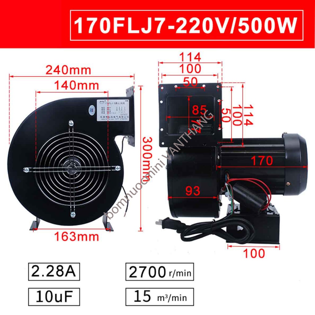 Quạt Sò Ly Tâm 220V 170FLJ7 500W | quạt sên 220V | quạt thổi lò 220V | quạt sên hút ly tâm 220V | qu