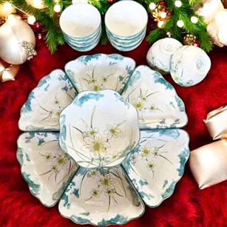  Bộ bát đĩa sứ  15 món + khay gỗ Bộ bát đĩa hoa mặt trời Sét đĩa mặt trời màu trắng viền đen size 48cm 