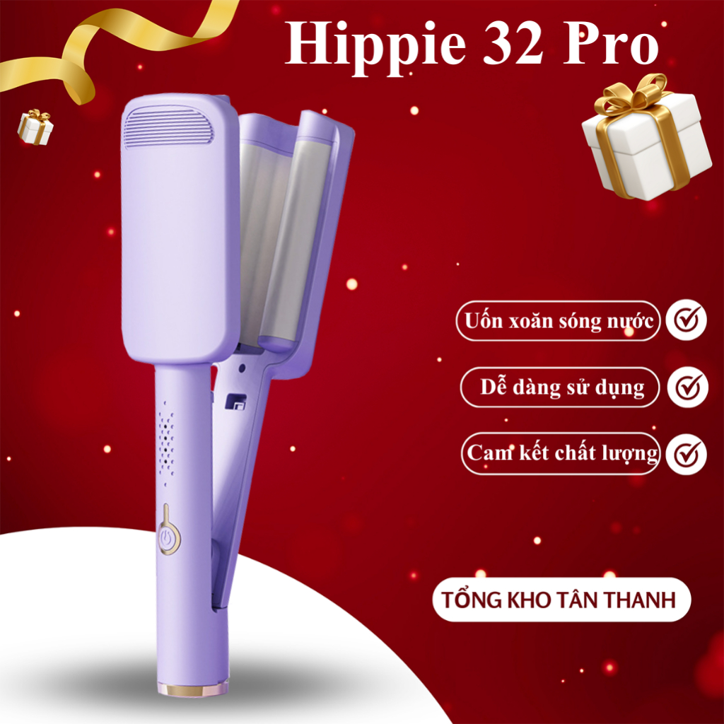 Máy uốn xoăn sóng hippie 32mm 3 Trục Pro Sóng Lơi Phủ Men Gốm Ion Âm, Máy Tạo Kiểu Tóc Xoăn Sóng Nước - Hippie 32 3 Truc
