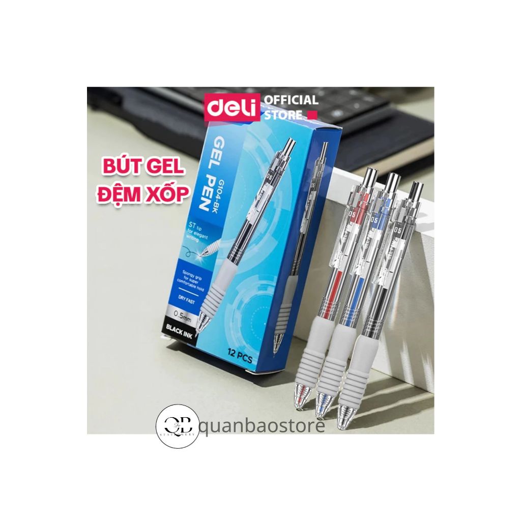 Bút gel bấm đệm xốp cực êm Deli G104 nét 0.5mm, ngòi ST, mực xanh, đỏ, đen.