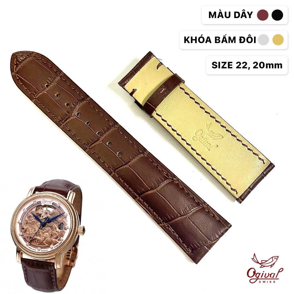 Dây da đồng hồ chính hãng Ogival Size 20, 22mm Khóa bấm đôi