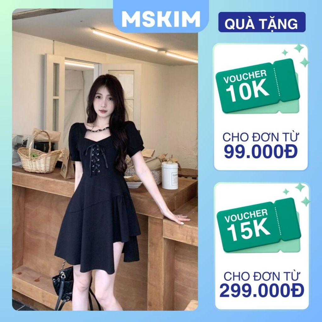 Váy nữ tay bồng lệch tà đan dây trước ngực lolita phối dây khóa Đầm kiểu cộc tay choker ngắn trên gố