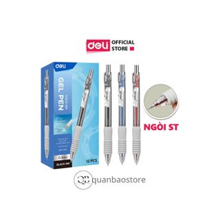 1 hộp 12 cây Bút gel bấm đệm xốp cực êm Deli G104 nét 0.5mm, ngòi ST, mực xanh, đỏ, đen.
