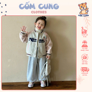 Set Áo Khoác Dạ Bé Gái Bomber Pha Tay Áo Hồng Kết Hợp Với Quần Nỉ Lót Lông Năng Động Cho Bé