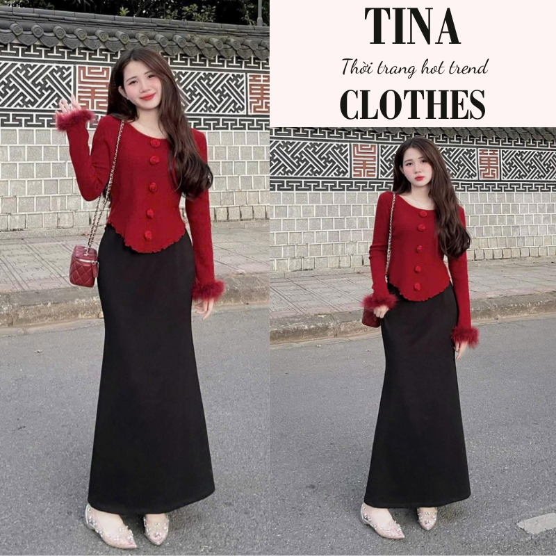 Set áo sang chảnh dài tay lông cổ vuông mix chân váy đuôi cá Tina,  đồ bộ thu đông nữ ôm dáng sang trọng hcom3675