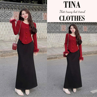 Set áo sang chảnh dài tay lông cổ vuông mix chân váy đuôi cá Tina,  đồ bộ thu đông nữ ôm dáng sang trọng hcom3675