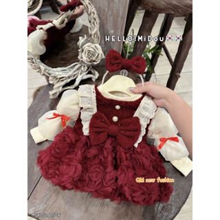   4-12kg  Váy dạ đỏ nơ cao cấp kèm bờm cho bé gái 