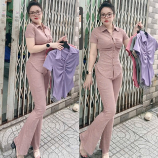 Set bộ áo from rộng phối quần dài ống loe thun gân , quần có túi _Set bộ nữ dài mặc nhà _Sen boutique