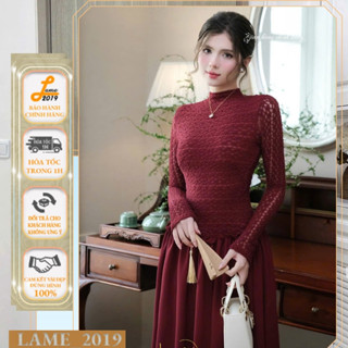 Đầm váy thiết kế nữ chiết eo dáng ngắn, cổ tròn tay dài phối ren viền eo tiểu thư LAME