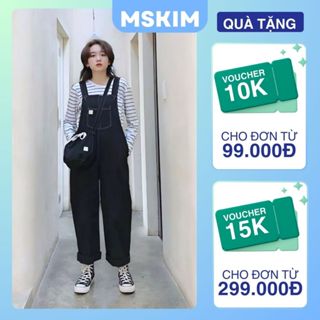 Quần yếm dài ống rộng đen túi trước thiết kế may chỉ nổi dáng basic quần ống suông dáng rộng đi chơi T61G