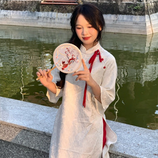  Set áo dài cách tân nữ vải gấm thêu hoa nổi thắt nơ cúc bọc kèm quần lụa xuông 24FebStudio AD11 