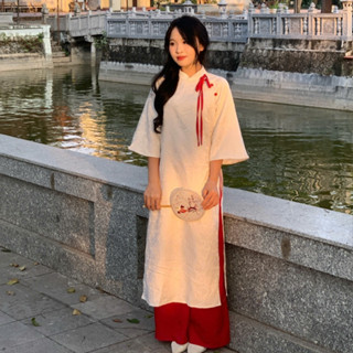 Set áo dài cách tân nữ vải gấm thêu hoa nổi thắt nơ cúc bọc kèm quần lụa xuông Adorable20ss AD11