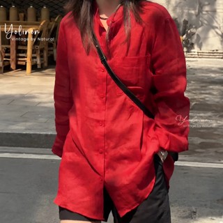  Áo sơ mi dài tay màu đỏ cho nữ Yolinen dáng rộng cổ tàu sang trọng vải linen cotton ASM07 