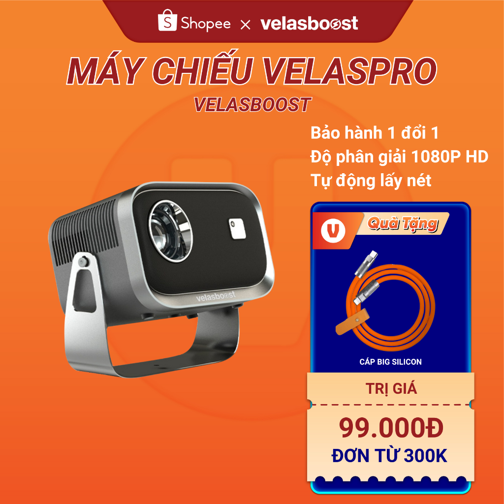 Máy Chiếu Velasboost Velaspro, Lấy Nét Điện Tử Cho Độ Phân Giải 1080P HD, Wifi 6, Bluetooth 5.2, máy chiếu mini