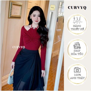 11.24 Áo Đỏ/Đen Xoắn Ngực Buộc Dây Cổ Yếm Đính Đá Áo Thun Thời Trang Thiết Kế Nữ CurvyQ