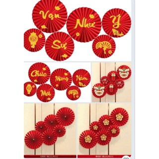 set 6 quạt giấy đỏ dán tường trang trí tết