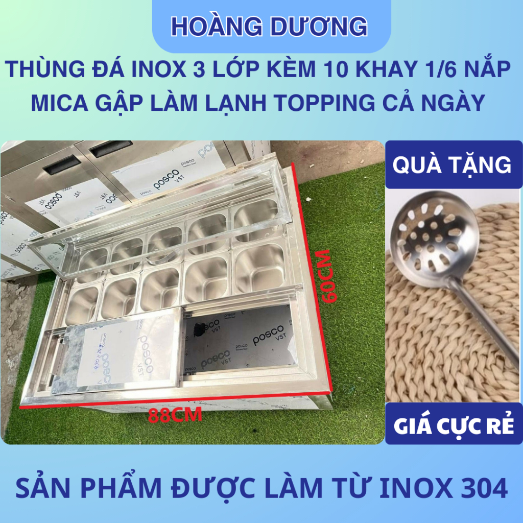 INOX 304: Thùng đá và khay topping làm lạnh thạch trà sữa hoa quả loại 10 khay có nắp mica trong