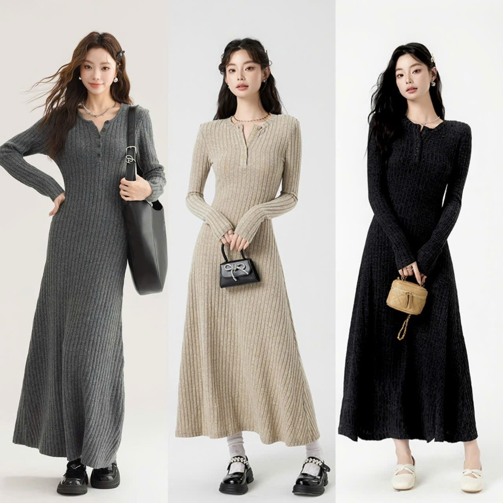 Đầm Len Gân Dáng Xoè Nhẹ Dài Cúc Cổ, Váy Body Nữ Dài Tay Xuất Xịn - Merchic Store - S100