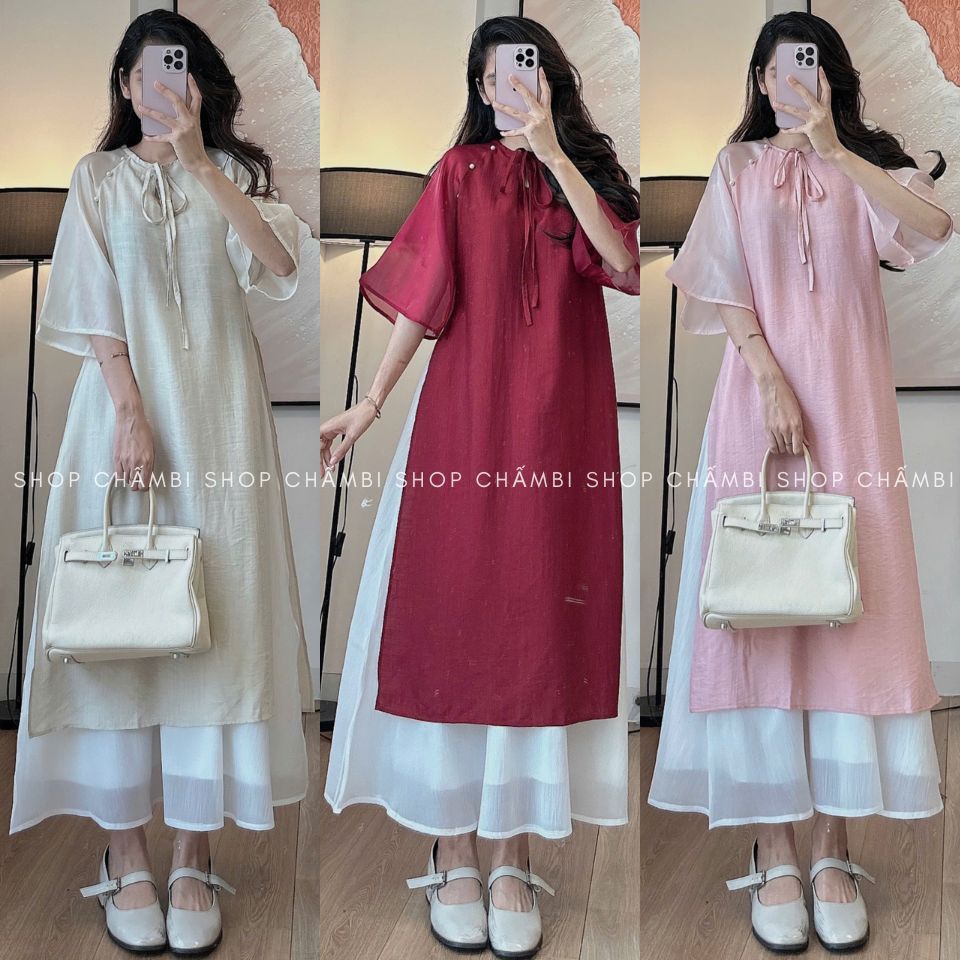 Áo dài nữ S.213, Set áo dài cách tân cổ tàu tay lỡ cúc ngọc phối nơ buộc dịu dàng - Shop Chấm Bi