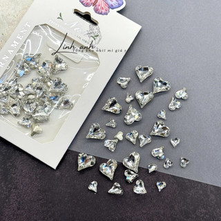   Đá siêu sáng  Set 30 viên đá tim cao cấp mix 3 size màu trắng trà hồng - Đá charm nail cao cấp 