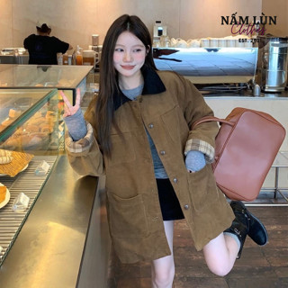  Áo khoác nữ nhung tăm Nấm Lùn Clothes Áo khoác nữ mùa đông màu nâu Phong cách retro Áo dài tay K006 