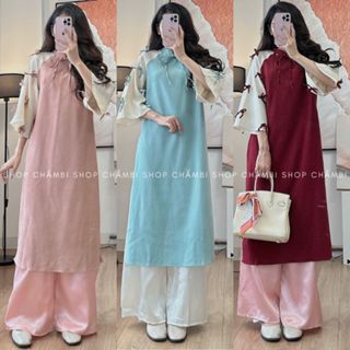  Set áo dài nữ S.218 Set áo dài cách tân cổ tàu viền ngọc tay lửng đính nhiều nơ dễ thương - Shop Chấm Bi 