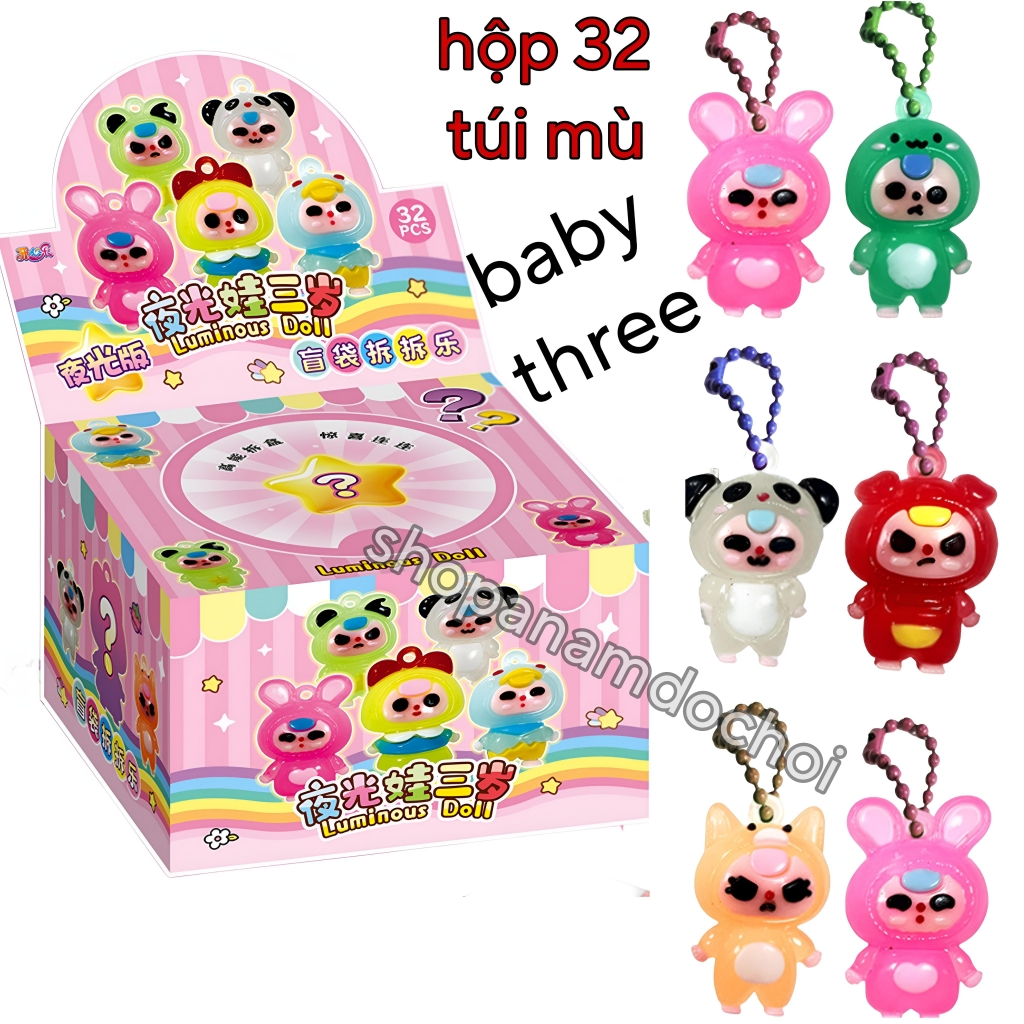 Hộp 32 túi mù nhân vật baby three , mù 3 em bé móc khóa đẹp