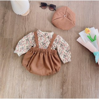 Body Yếm Nâu Tây Áo Dài Tay Kèm Mũ Nồi 3-10 Kg,Đồ Liên Thân Cho Bé Gái Đầy Tháng Sinh Nhật Chất Nhung Tăm