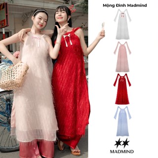    KHÔNG KÈM QUẦN   Áo Dài Cách Tân Nữ Mộng Đình Hiện Đại Họa Tiết Phối Nơ MADMIND - Màu Đỏ   Trắng   Hồng   Xanh Dương 