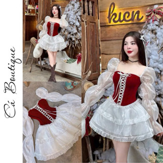  Đầm nhung đỏ đan dây cúp ngực tùng tơ trắng tay phồng dài xoè tầng Cá Boutique 