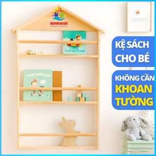 Giá sách cho bé giá để sách treo tường hình ngôi nhà bằng Gỗ trang trí phòng trẻ em, Kệ Sách Cho Bé