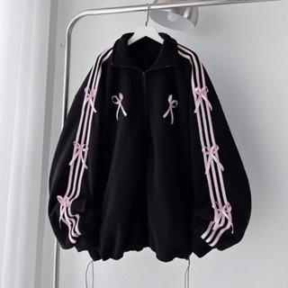 Áo Khoác Hoodie CỔ BẺ có khóa kéo nỉ bông dày dặn 3 SỌC TAY GẮN NƠ 2 Màu Form Rộng Nam Nữ hot 2025